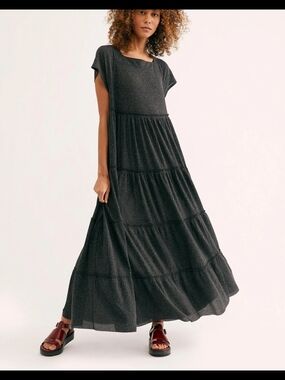 Free People Peach Tiered Square-Neck Maxi Dress